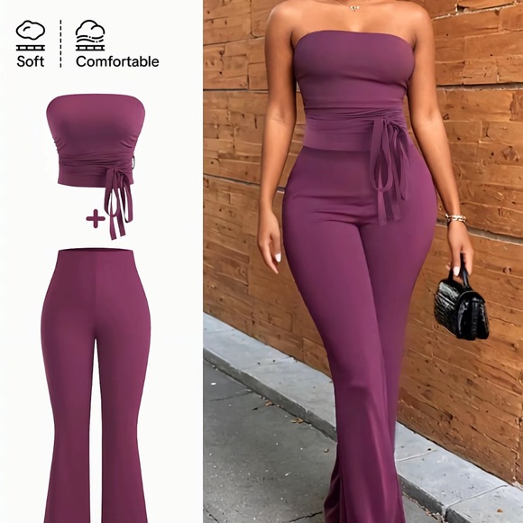 Strapless Ruched Crop & High-Waist Flare Jumpsuit Set - Plum - Picture 6 of 7